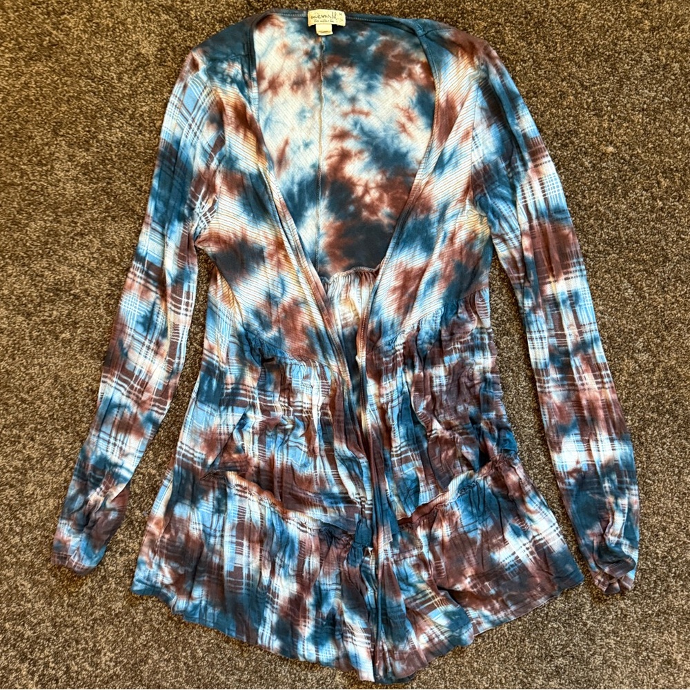 ONE WORLD Blue and Brown Tie-Dye Open Cardigan